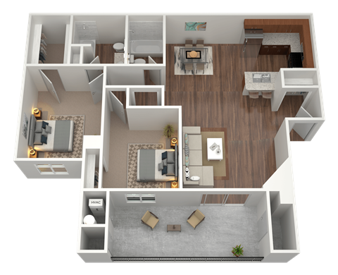3D rendering of a 2 bed 2 bath apartment